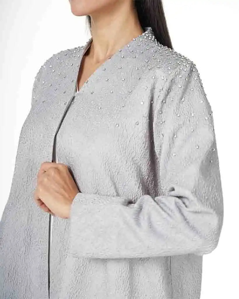 Elegant Silver Open Front Abaya Dar Al Mutahajiba
