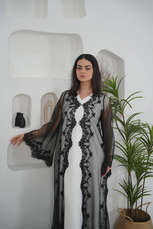 Organza Crystal Abaya White Black Dar Al Mutahajiba